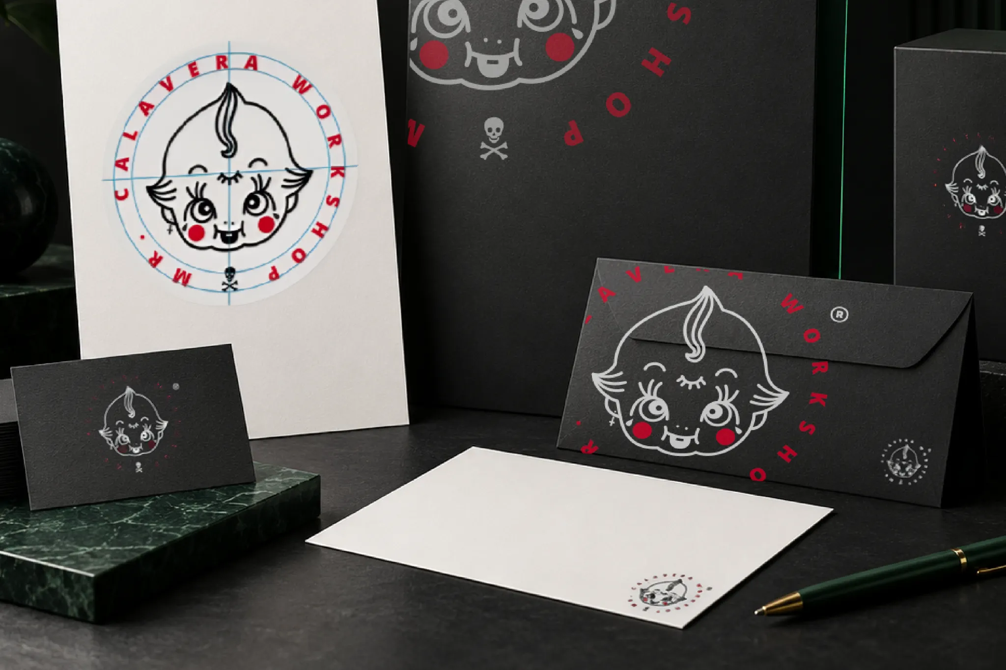 Sistema de identidad y papelería de Mr Calavera Workshop